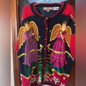 cardigan bay vintage hand knitted angel christmas women red 2XL